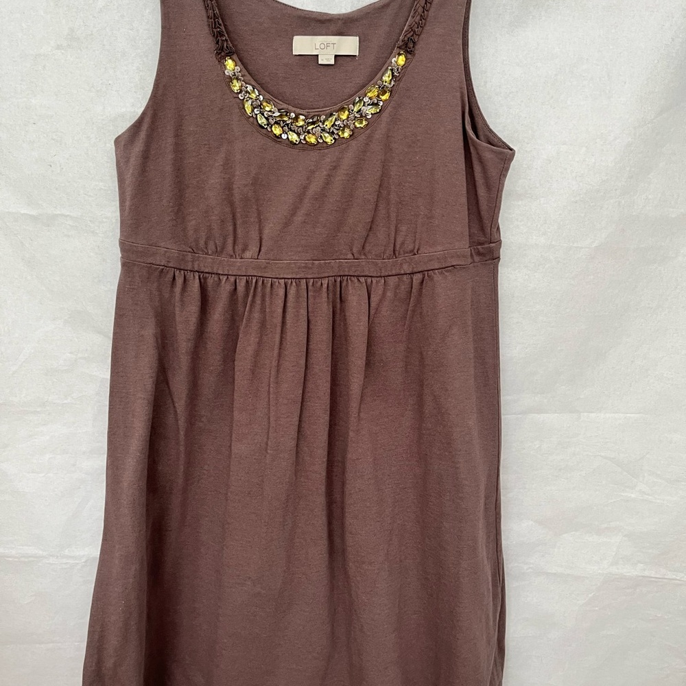 LOFT Brown Sleeveless Jewel-Neck Knit Dress with Embellishment